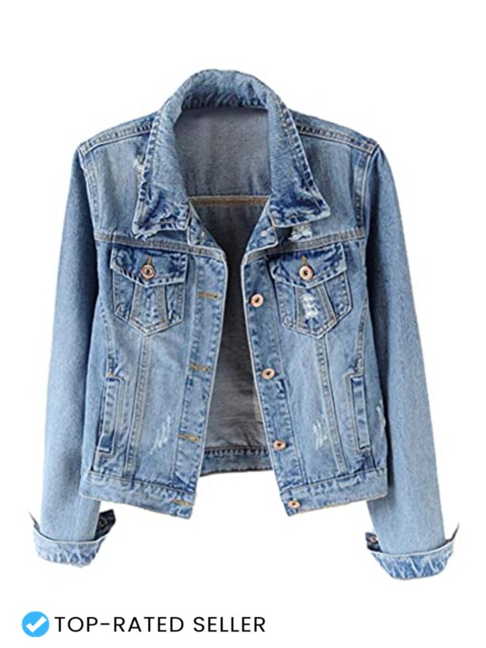 Women's Distressed Ripped Denim Jacket Long Sleeve Cotton Blend